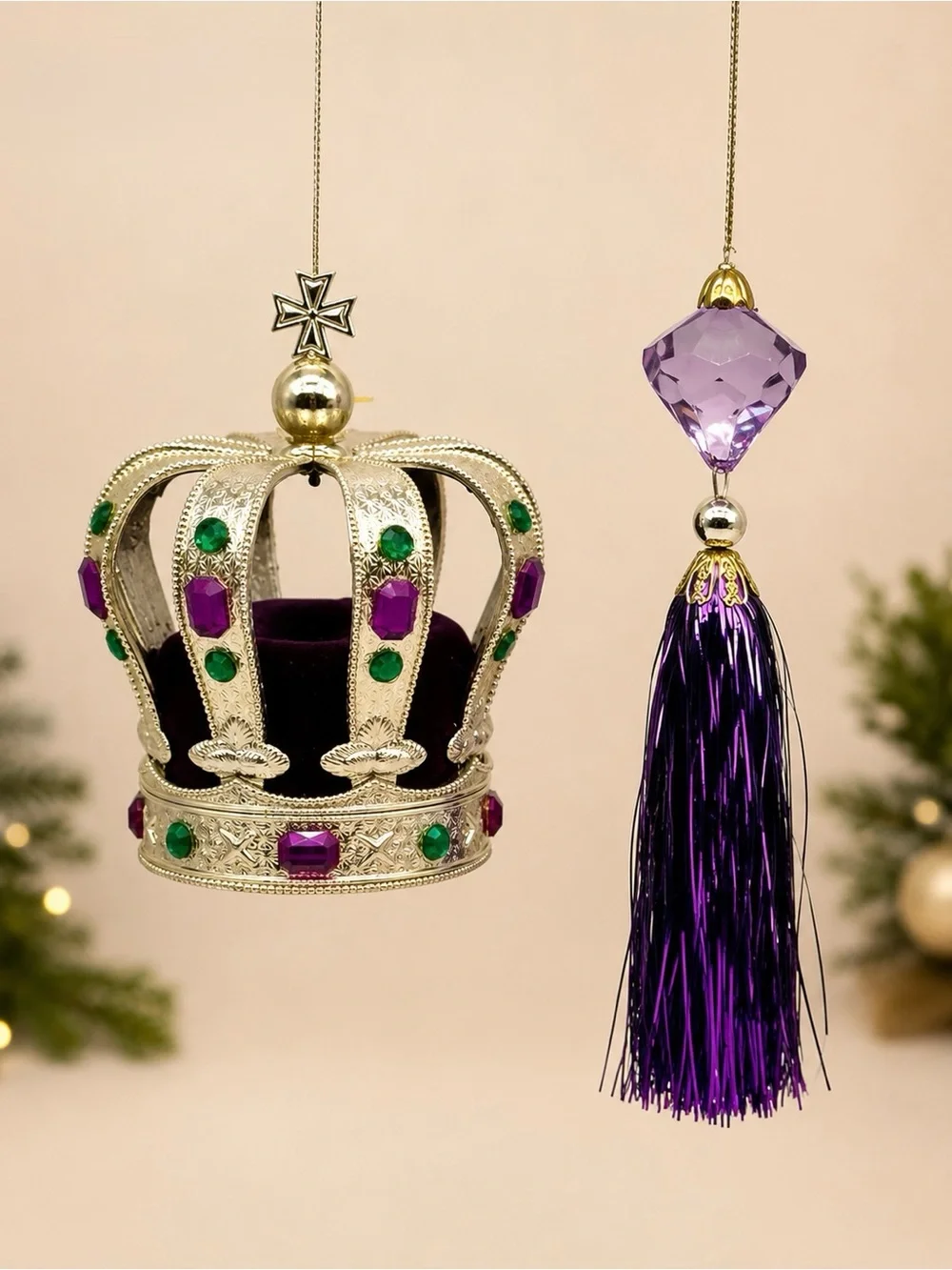 Royal Crown & Purple Crystal Tassel Christmas Ornament Set of 2